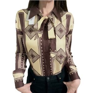 RUNWAY MARC JACOBS Geometric Print Tie Neck Silk Blouse brown logo 4